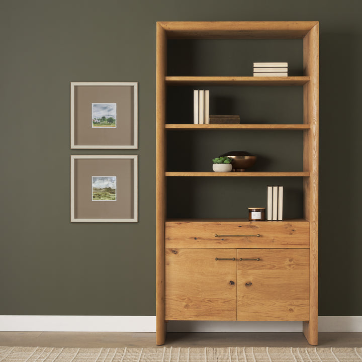 Belford 2-Door Open Light Brown Oak Wood Shelving Unit