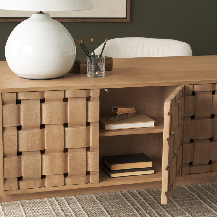 Trellyn Light Brown Solid Wood Carved Woven Desk