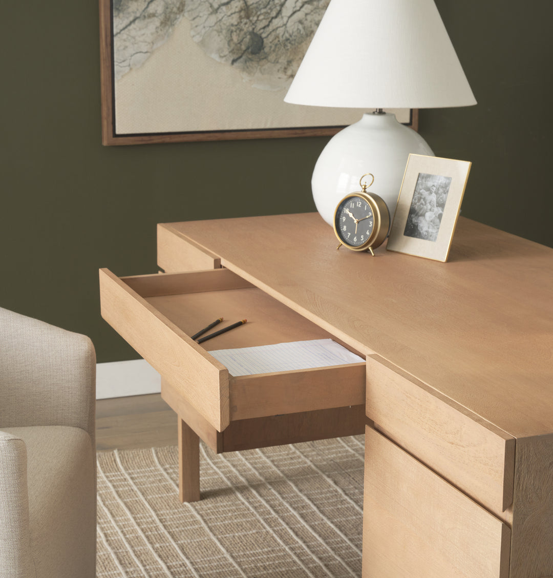 Trellyn Light Brown Solid Wood Carved Woven Desk