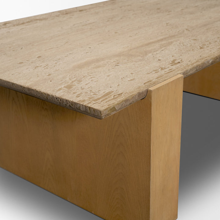 Milos Travertine Top w/ Light Brown Oak Wood Coffee Table
