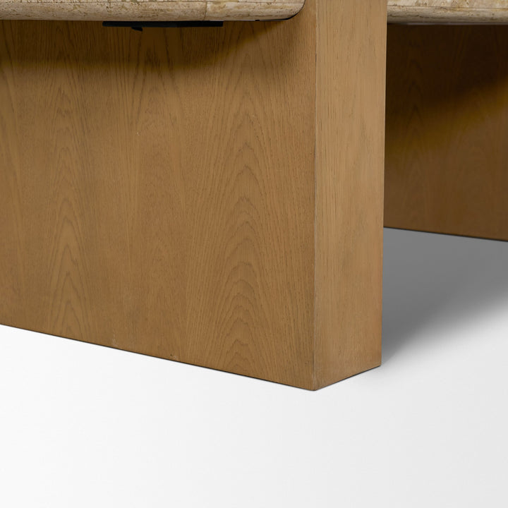 Milos Travertine Top w/ Light Brown Oak Wood Coffee Table