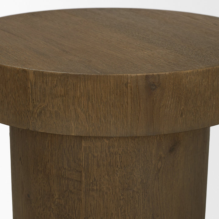 Lyonne Round Medium Brown Oak Wood Pedestal Side Tables