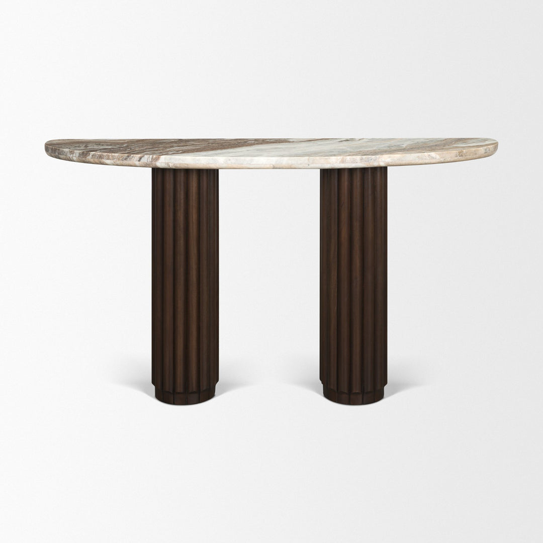 Marbrello Pink Marble Top Dark Brown Fluted Wood Half Moon Console Table Top