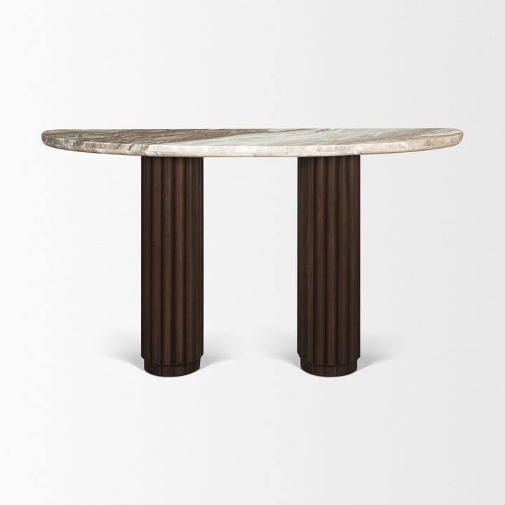 Marbrello Pink Marble Top Dark Brown Fluted Wood Half Moon Console Table Top
