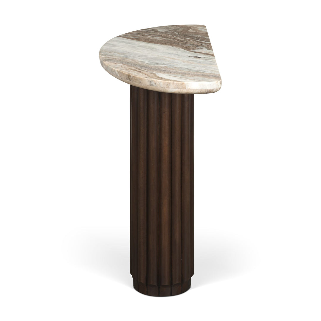 Marbrello Pink Marble Top Dark Brown Fluted Wood Half Moon Console Table Top