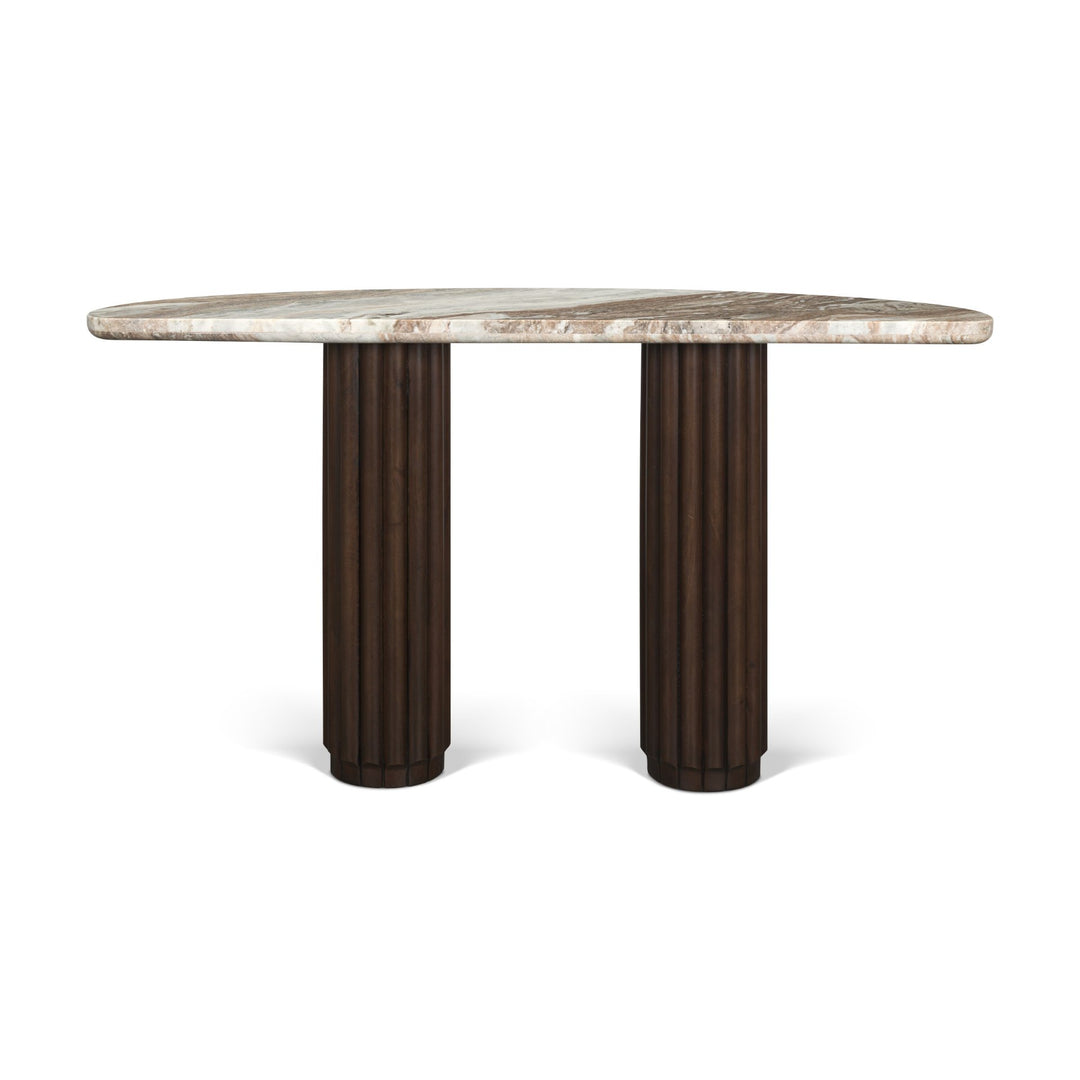 Marbrello Pink Marble Top Dark Brown Fluted Wood Half Moon Console Table Top