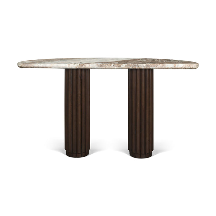Marbrello Pink Marble Top Dark Brown Fluted Wood Half Moon Console Table Top
