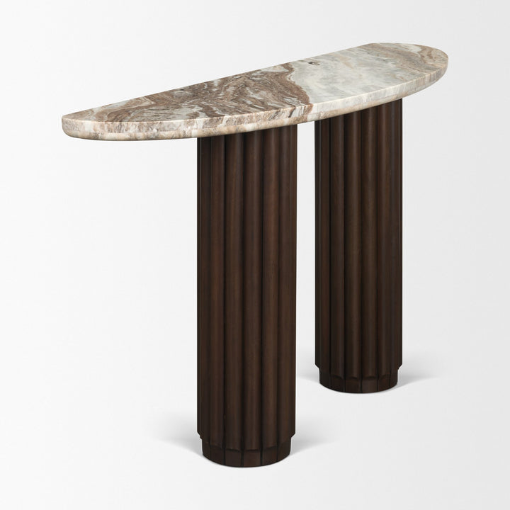 Marbrello Pink Marble Top Dark Brown Fluted Wood Half Moon Console Table Top
