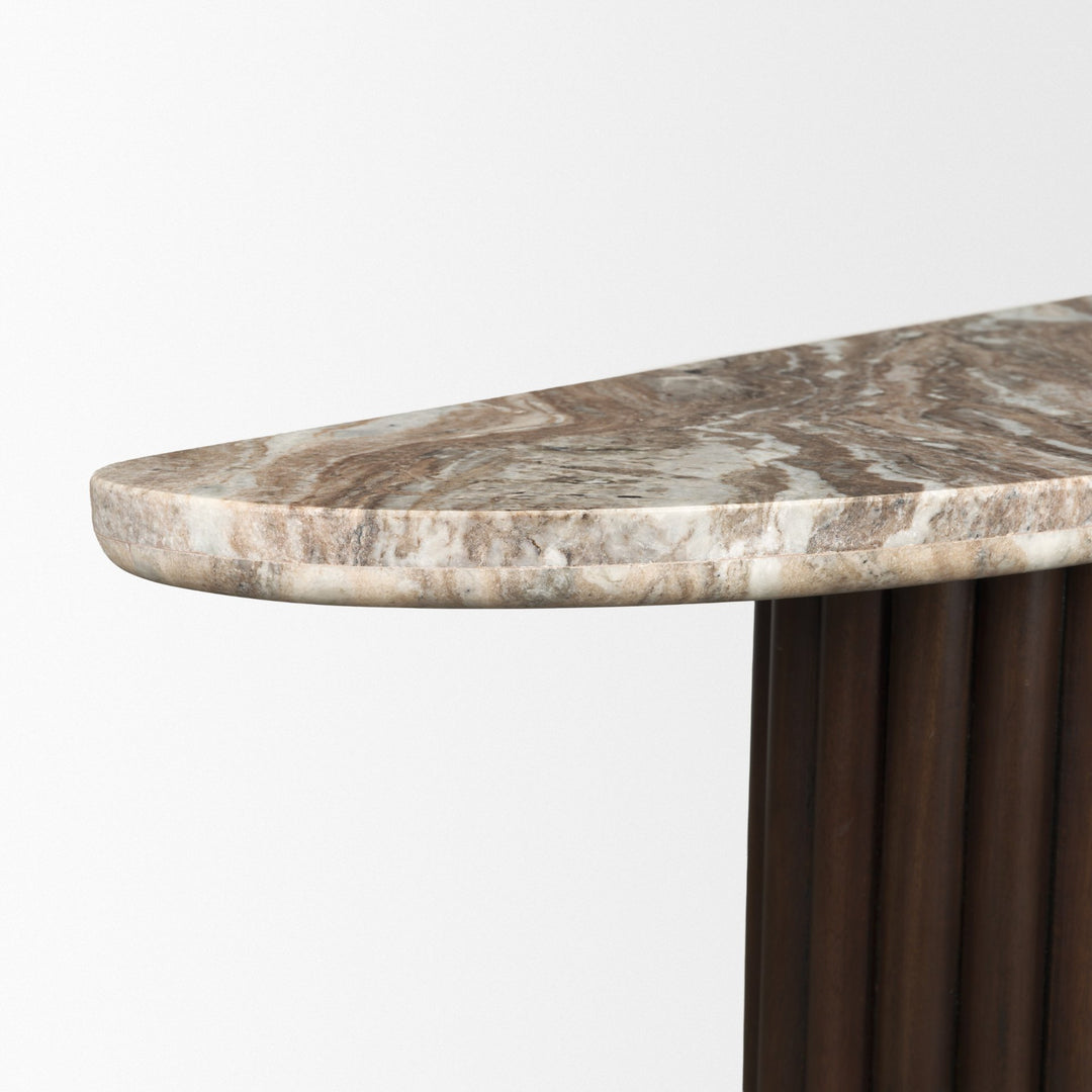Marbrello Pink Marble Top Dark Brown Fluted Wood Half Moon Console Table Top