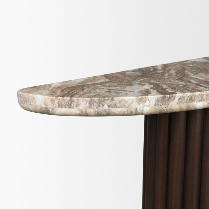 Marbrello Pink Marble Top Dark Brown Fluted Wood Half Moon Console Table Top