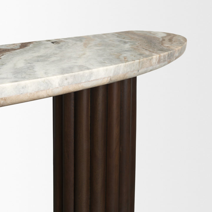 Marbrello Pink Marble Top Dark Brown Fluted Wood Half Moon Console Table Top