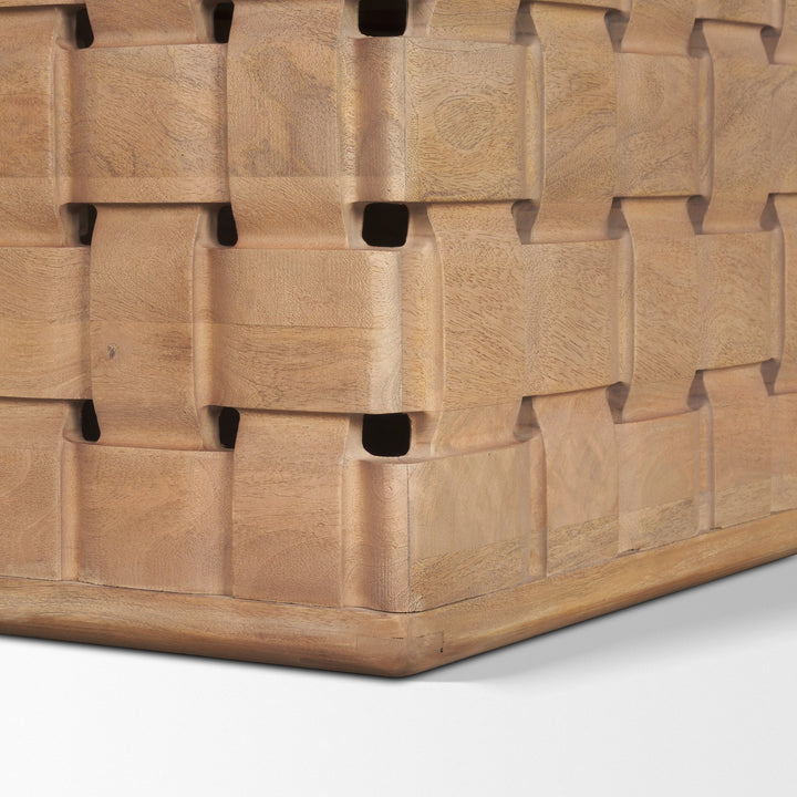 Trellyn 94" Light Brown Solid Wood Carved Woven Base Rectangular Dining Table