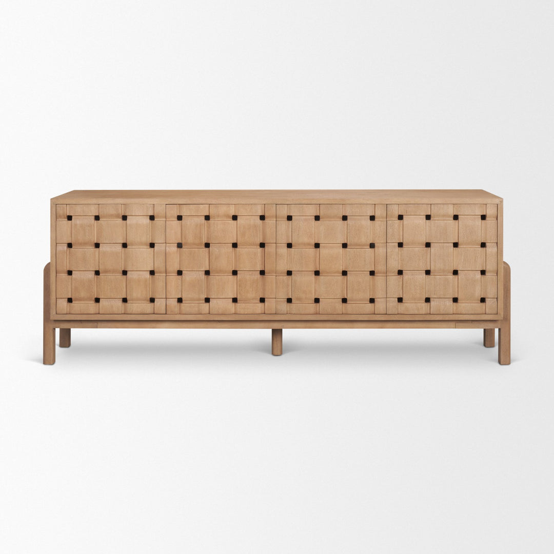 Trellyn Light Brown Solid Wood 4-Door Sideboard with Carved Woven Doors