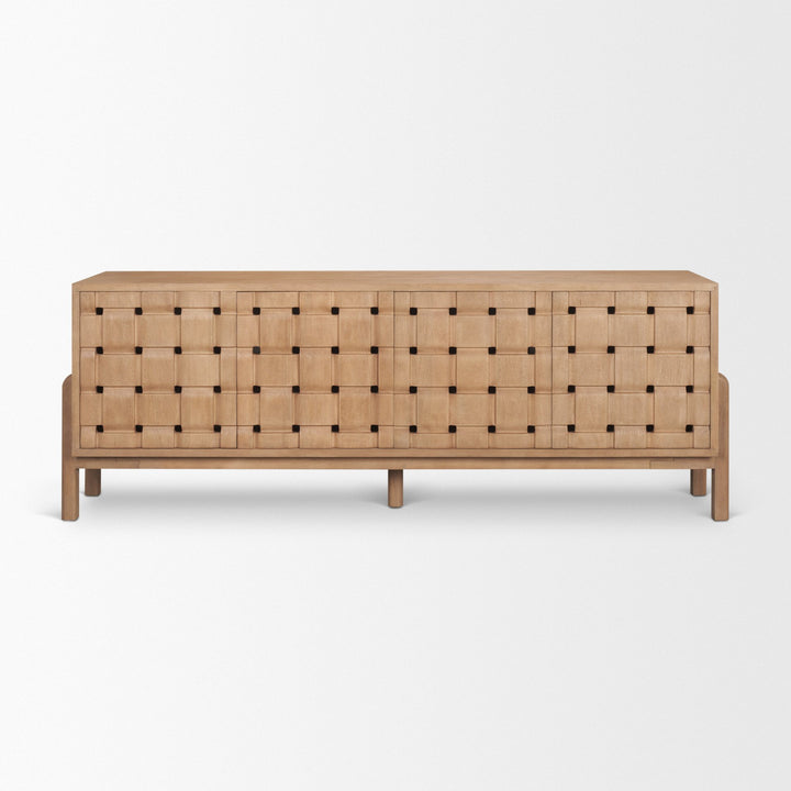 Trellyn Light Brown Solid Wood 4-Door Sideboard with Carved Woven Doors