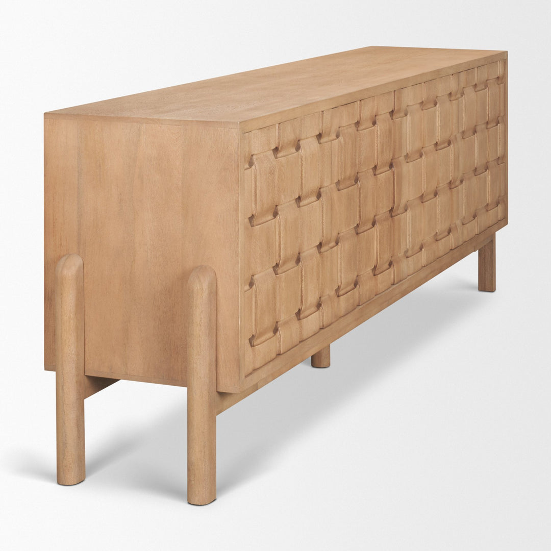 Trellyn Light Brown Solid Wood 4-Door Sideboard with Carved Woven Doors