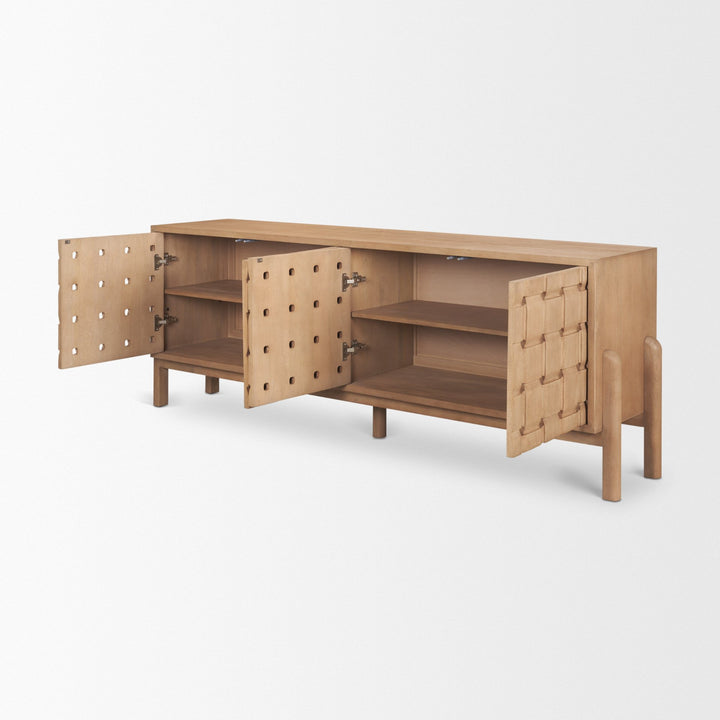 Trellyn Light Brown Solid Wood 4-Door Sideboard with Carved Woven Doors