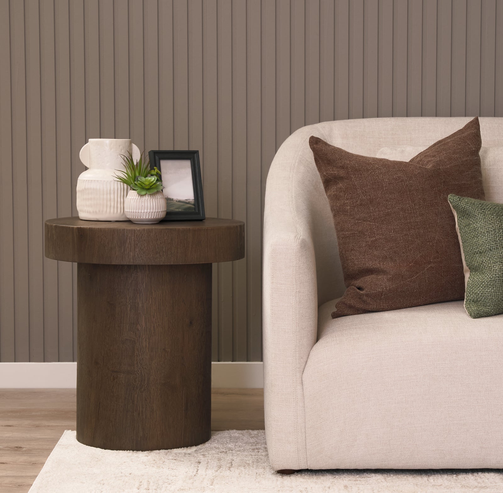 Lyonne Round Medium Brown Oak Wood Pedestal Side Tables