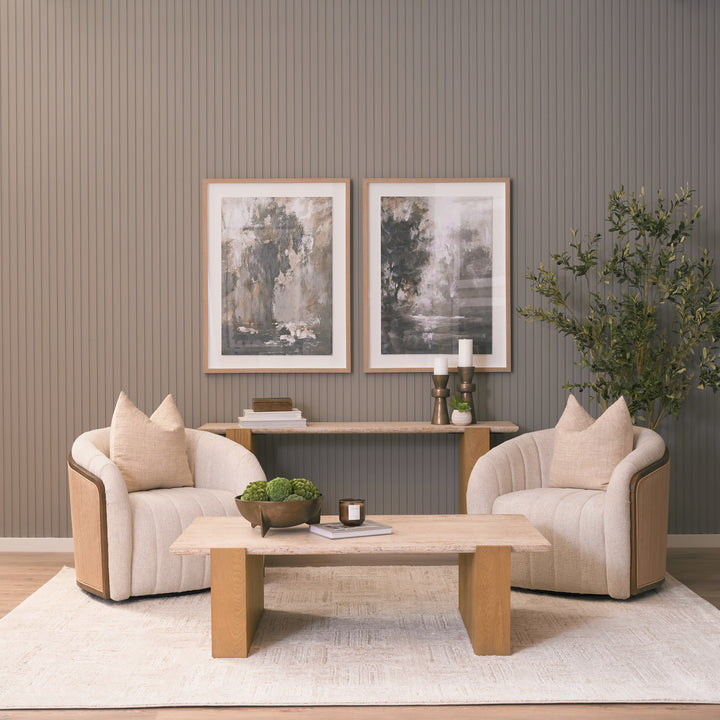 Milos Travertine Top w/ Light Brown Oak Wood Coffee Table