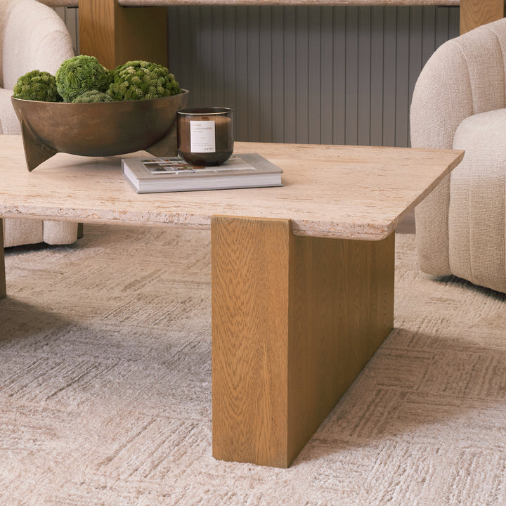 Milos Travertine Top w/ Light Brown Oak Wood Coffee Table