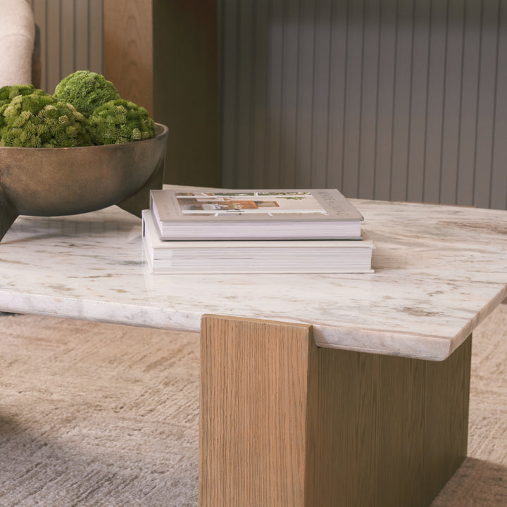 Milos Pink Marble Top w/ Light Brown Oak Wood Coffee Table