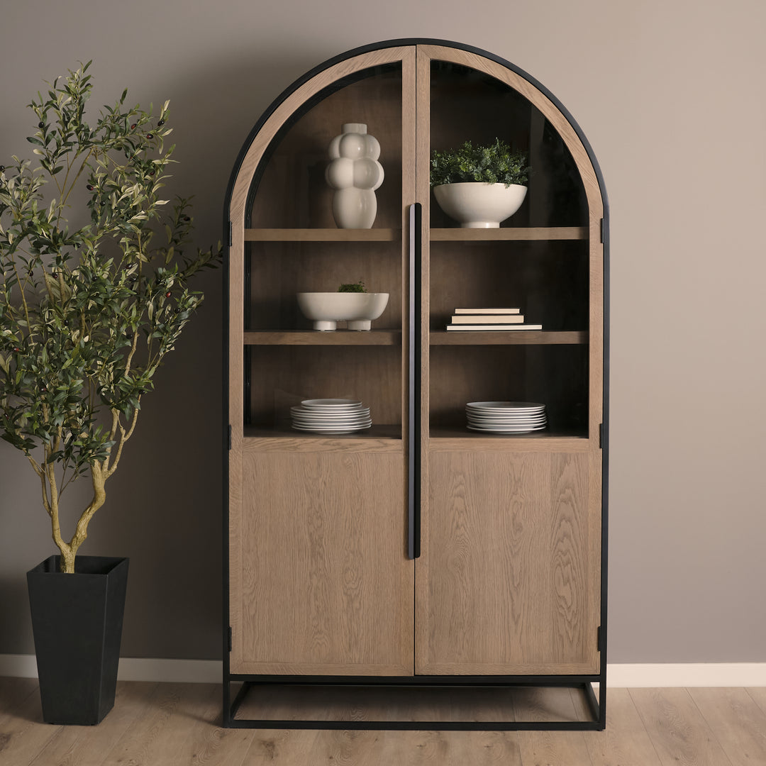 Sloan 47.5W x 80.5H Light Brown W/Black Metal Frame Arched Cabinet