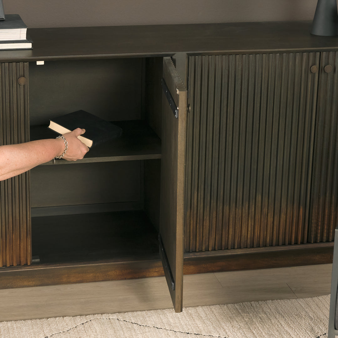 Cinder Distressed Dark Brown Wood Reeded 4-Door Closed Sideboard