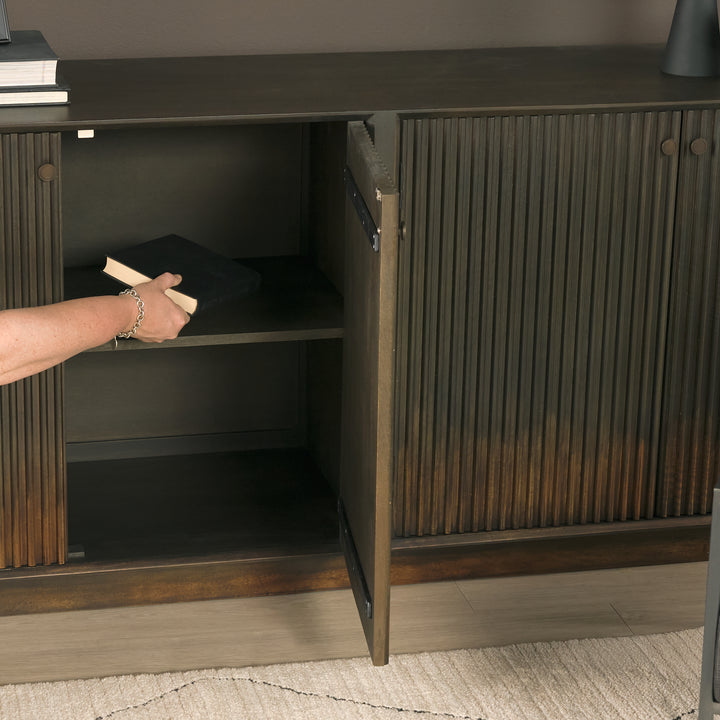 Cinder Distressed Dark Brown Wood Reeded 4-Door Closed Sideboard