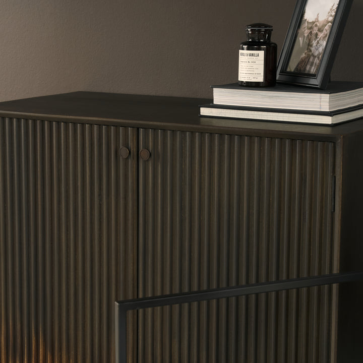 Cinder Distressed Dark Brown Wood Reeded 2-Door Closed Accent Cabinet