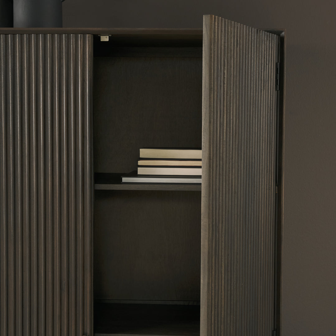 Cinder Distressed Dark Brown Wood Reeded 2-Door Closed Tall Cabinet