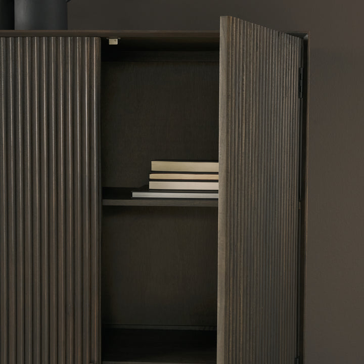 Cinder Distressed Dark Brown Wood Reeded 2-Door Closed Tall Cabinet