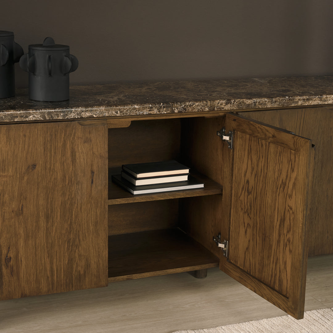 Kendrix Dark Brown Oak Wood Cappuccino Marble 4 Door Closed Sideboard