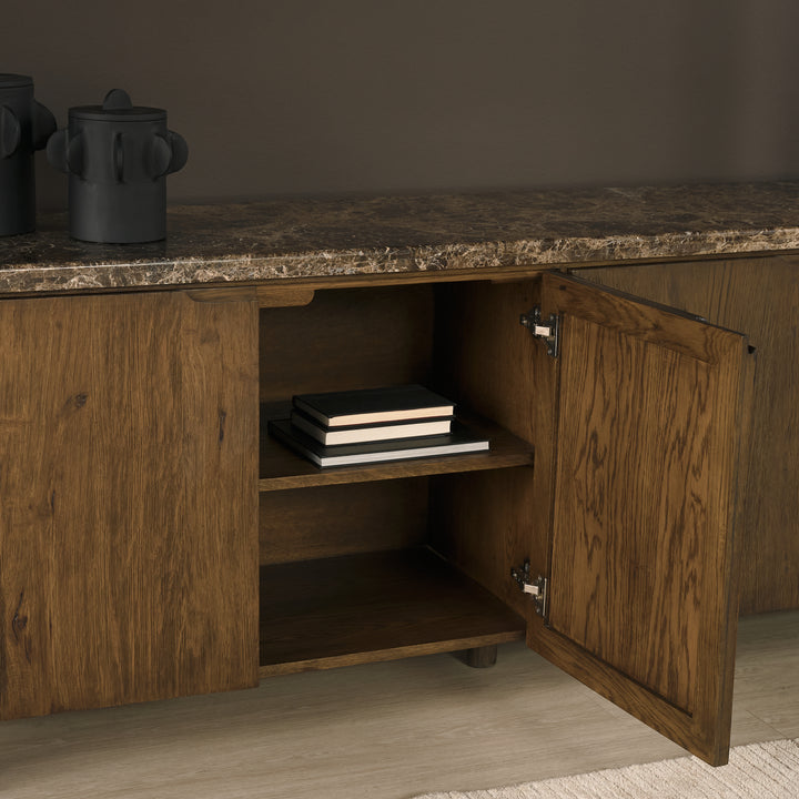 Kendrix Dark Brown Oak Wood Cappuccino Marble 4 Door Closed Sideboard