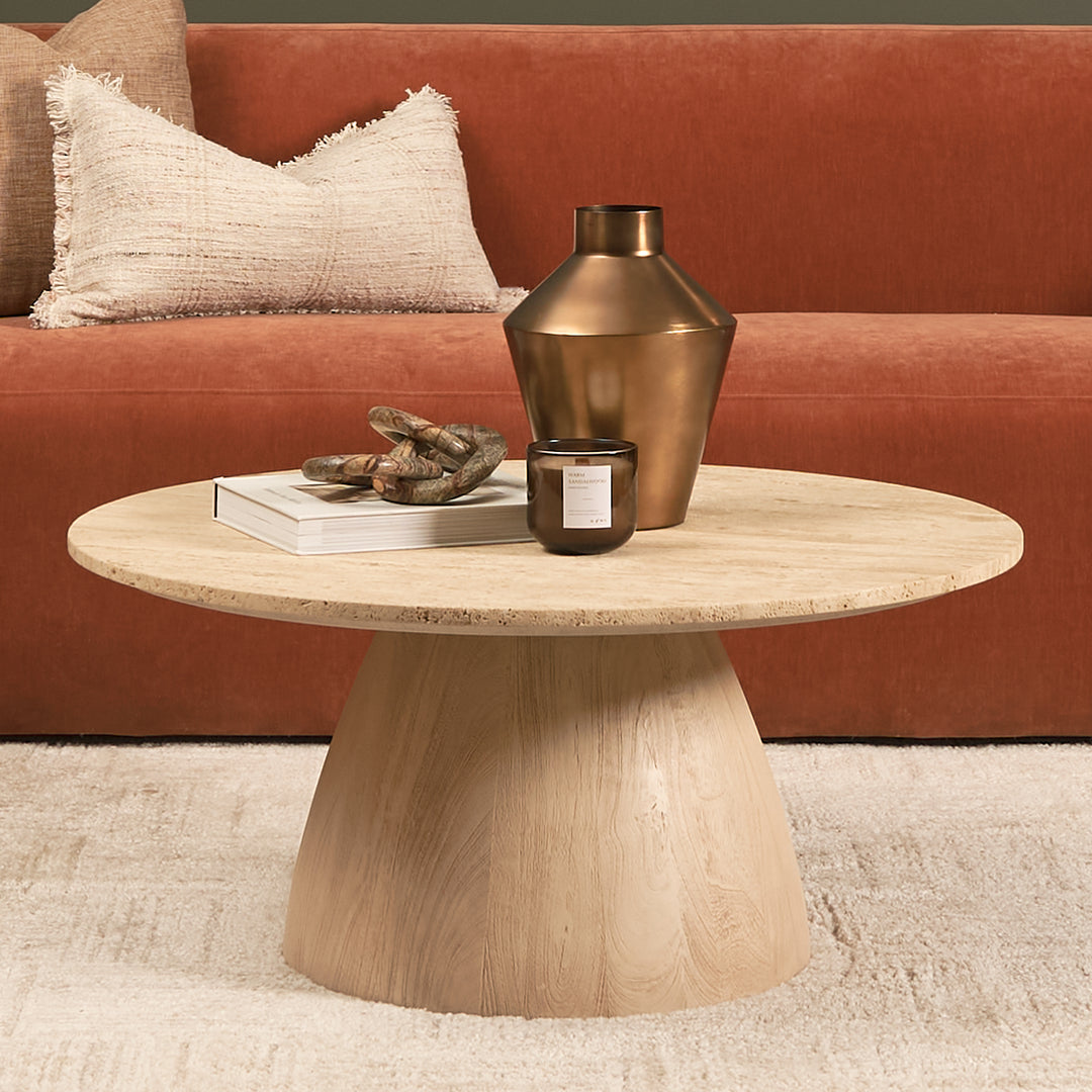Allyson 36" Light Wood Base w/ Travertine Top Coffee Table