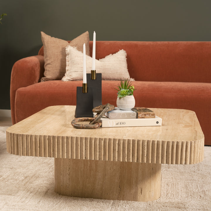 Tavora Ribbed Square Travertine Coffee Table