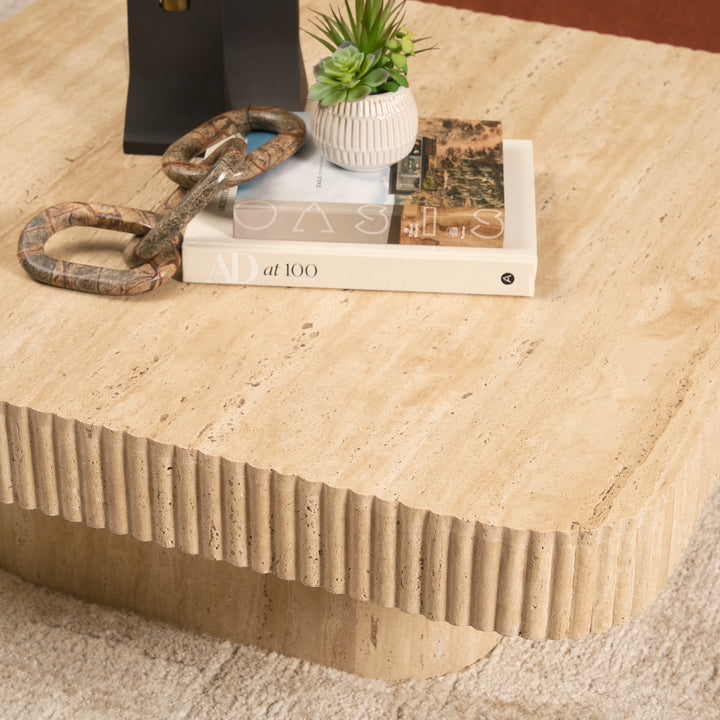 Tavora Ribbed Square Travertine Coffee Table