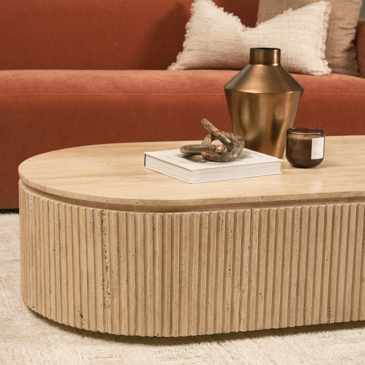 Elara Ribbed Oblong Travertine Coffee Table