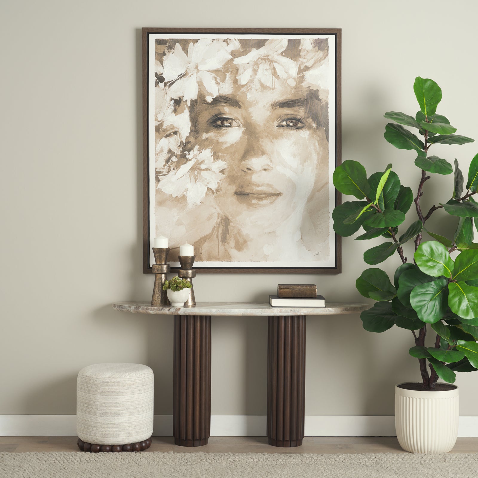 Marbrello Pink Marble Top Dark Brown Fluted Wood Half Moon Console Table Top