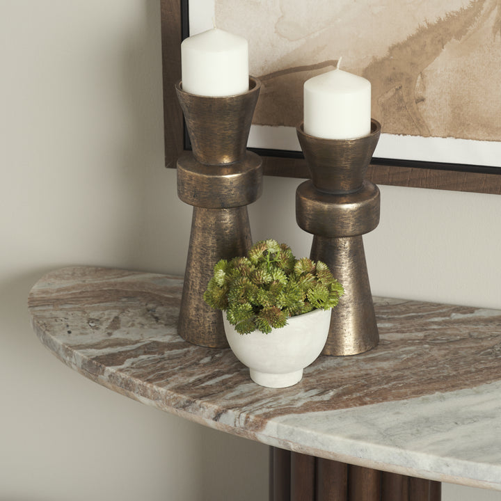 Marbrello Pink Marble Top Dark Brown Fluted Wood Half Moon Console Table Top