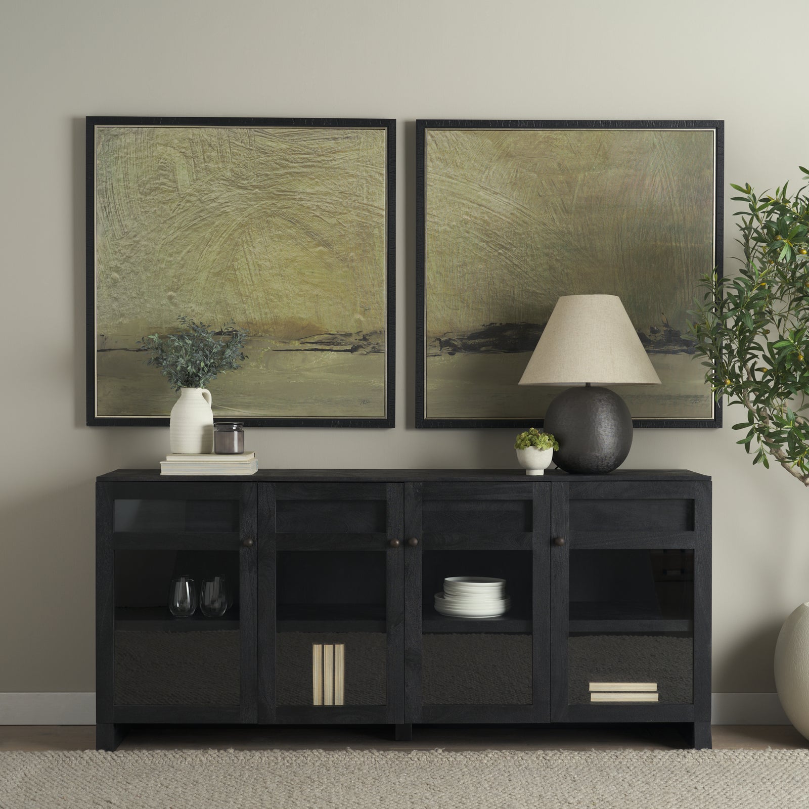 Suri Black Wood w/ Glass 4-Door Closed Sideboard