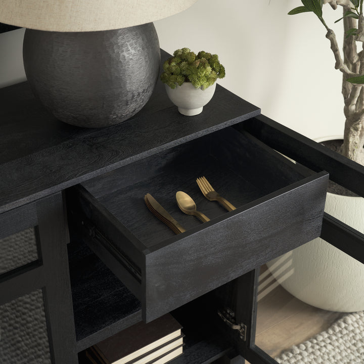 Suri Black Wood w/ Glass 4-Door Closed Sideboard