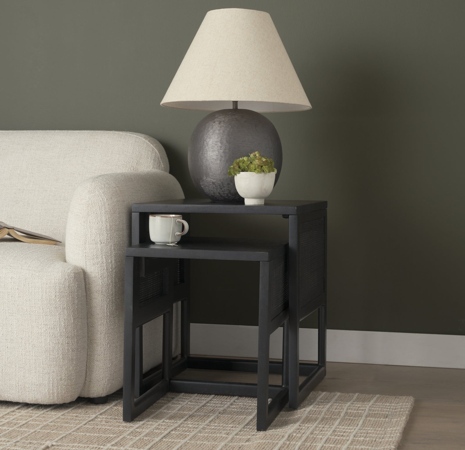 Grier Set of 2 Black Wood w/ Black Cane Nesting Accent Tables
