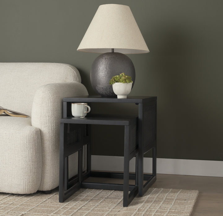 Grier Set of 2 Black Wood w/ Black Cane Nesting Accent Tables