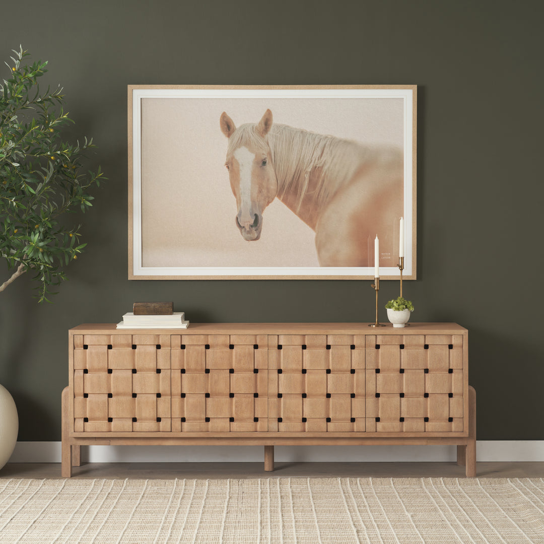 Trellyn Light Brown Solid Wood 4-Door Sideboard with Carved Woven Doors