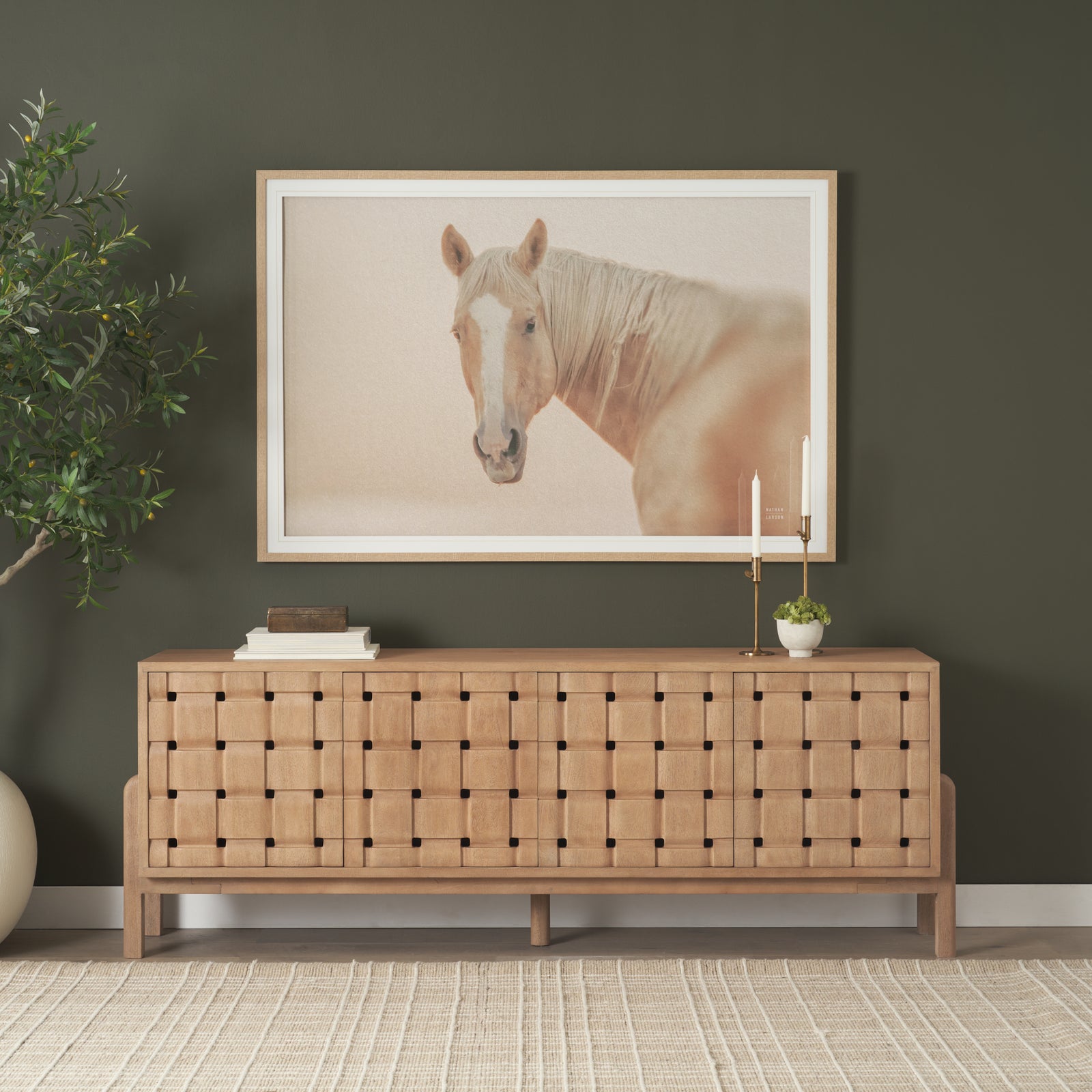 Trellyn Light Brown Solid Wood 4-Door Sideboard with Carved Woven Doors