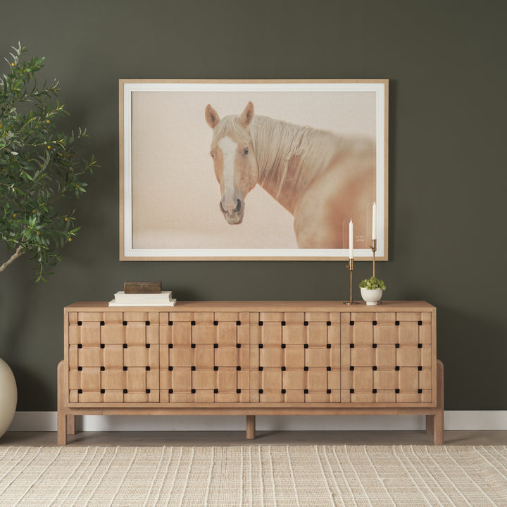 Trellyn Light Brown Solid Wood 4-Door Sideboard with Carved Woven Doors