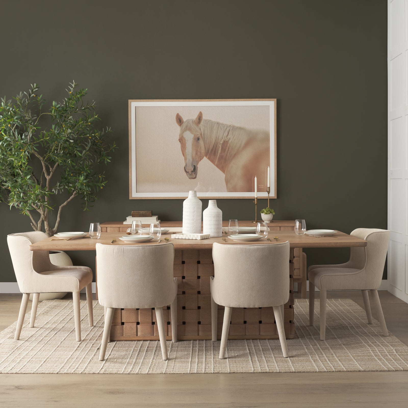 Trellyn 94" Light Brown Solid Wood Carved Woven Base Rectangular Dining Table