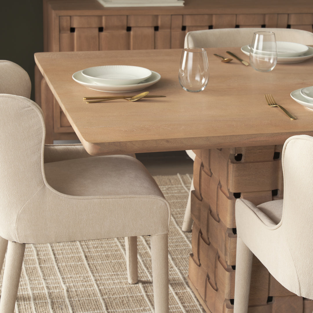 Trellyn 94" Light Brown Solid Wood Carved Woven Base Rectangular Dining Table