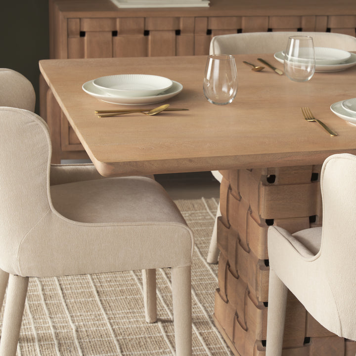 Trellyn 94" Light Brown Solid Wood Carved Woven Base Rectangular Dining Table