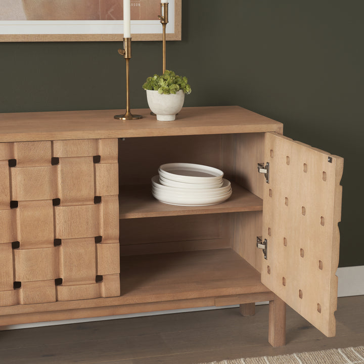 Trellyn Light Brown Solid Wood 4-Door Sideboard with Carved Woven Doors