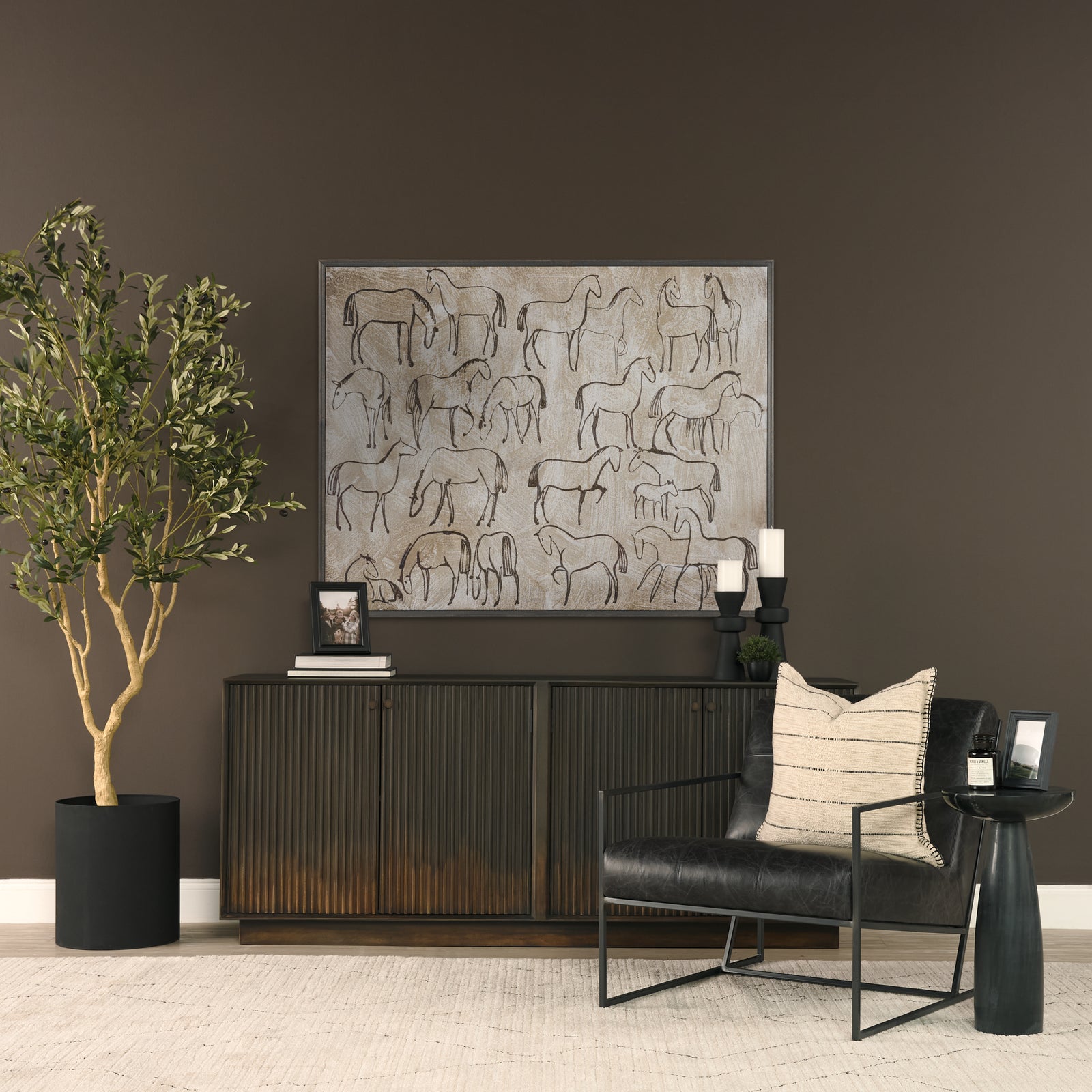 Cinder Distressed Dark Brown Wood Reeded 4-Door Closed Sideboard